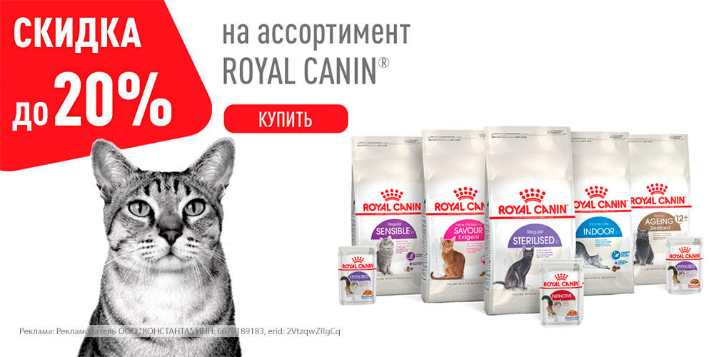 Акция на ROYAL CANIN! Влажный и сухой корм для кошек! Скидка до 20%!