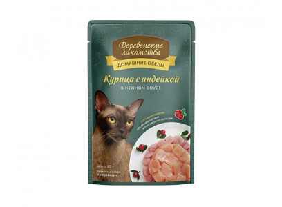 Влажный Корм Деревенские Лакомства Для Кошек Курица и Индейка в Соусе 85г 70063064 