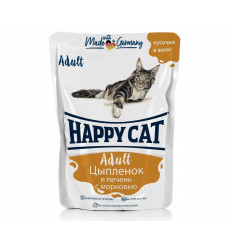Влажный Корм Happy Cat (Хэппи Кэт) Для Кошек Цыпленок Печень и Морковь в Желе 100г