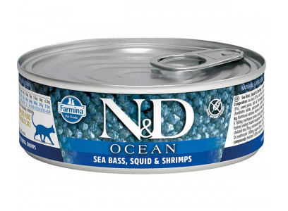 Консервы Для Кошек Farmina N&D (Фармина) Сибас Кальмар и Креветки N&D Ocean Sea Bass Squid & Shrimp 80г