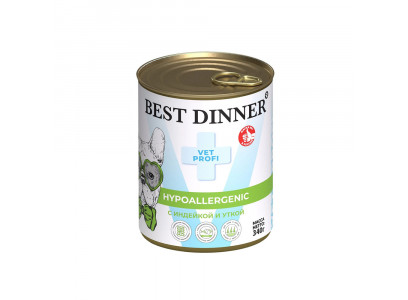 Консервы Для Собак и Щенков Best Dinner (Бест Диннер) Exclusive Hypoallergenic Профилактика Пищевой Аллергии Индейка и Утка 340г 