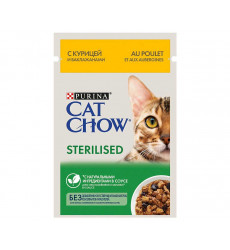 Влажный Корм Cat Chow (Кэт Чау) Для Стерилизованных Кошек Курица и Баклажан в Соусе Sterilised 85г (1*24)