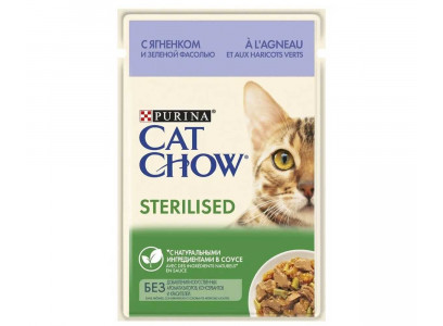 Влажный Корм Cat Chow (Кэт Чау) Для Стерилизованных Кошек Ягненок и Зеленая Фасоль в Соусе Sterilised 85г (1*24) 