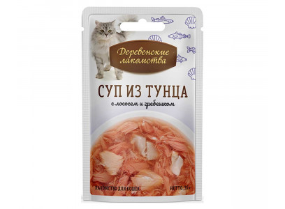 Влажный Корм Деревенские Лакомства Для Кошек Суп Тунец Лосось и Гребешок 35г Пауч 74501193 