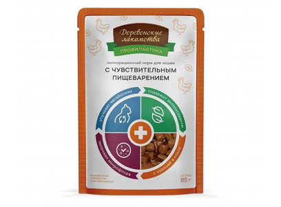Влажный Корм Деревенские Лакомства Для Кошек с Чувствительным Пищеварением Курица в Соусе 85г 70063101 
