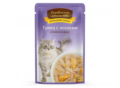 Влажный Корм Деревенские Лакомства Для Кошек Тунец и Лосось в Желе 70г Пауч 74500592 