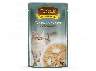 Влажный Корм Деревенские Лакомства Для Кошек Тунец и Окунь в Желе 70г Пауч 74500608 