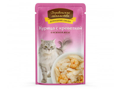 Влажный Корм Деревенские Лакомства Для Кошек Курица и Креветки в Желе 70г Пауч 74500622 