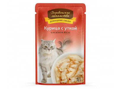 Влажный Корм Деревенские Лакомства Для Кошек Курица и Утка в Желе 70г Пауч 74500646 