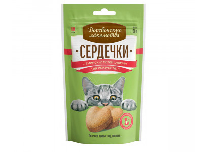 Сердечки с Аминокислотой Деревенские Лакомства Для Кошек 30г 76050724