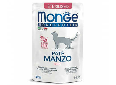 Влажный Корм Monge (Монж) Для Стерилизованных Кошек Говядина Паштет Монобелковый Sterilised Monoprotein Cat Beef Pouch 85г (1*28)