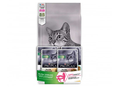 Сухой Корм ProPlan (ПроПлан) Для Кастрированных Котов и Стерилизованных Кошек с Чувствительным Пищеварением Курица Cat Optidigest Sterilised Chicken 1,5кг + Влажный Корм ProPlan (ПроПлан) Для Кошек АКЦИЯ