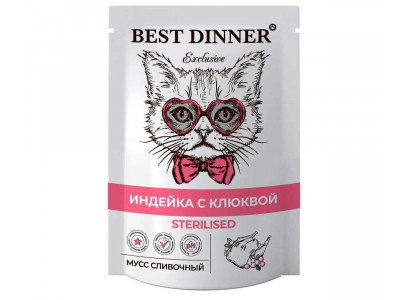 Влажный Корм Best Dinner (Бест Диннер) Для Стерилизованных Кошек Индейка и Клюква Мусс Exclusive Sterilised 85г 7440 
