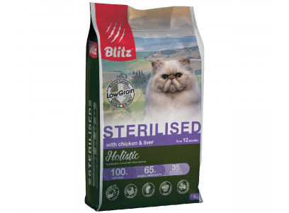 Сухой Корм Blitz (Блиц) Для Стерилизованных Кошек Курица и Печень Низкозерновой Holistic Chicken & Liver Adult Sterilised Cat Low Grain 400г 605906 