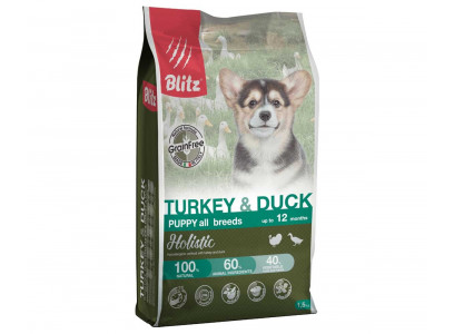 Сухой Корм Blitz (Блиц) Для Щенков Индейка и Утка Беззерновой Holistic Turkey & Duck Puppy All Breeds Grain Free GF 1,5кг 605845 