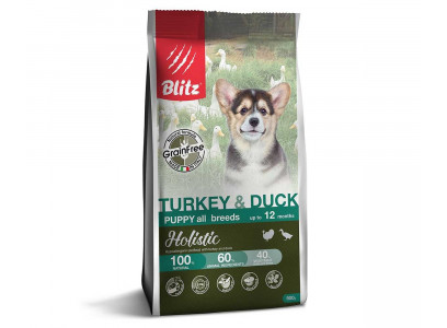Сухой Корм Blitz (Блиц) Для Щенков Индейка и Утка Беззерновой Holistic Turkey & Duck Puppy All Breeds Grain Free GF 500г 605890 