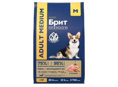 Сухой Корм Brit (Брит) Для Собак Средних Пород 10-25кг Курица Premium Dog Adult Medium 1кг 5049943 
