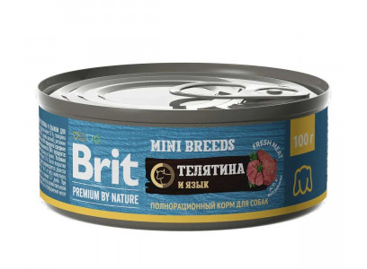 Консервы Brit (Брит) Для Собак Мелких Пород Телятина и Язык Premium By Nature 100г 5048953 