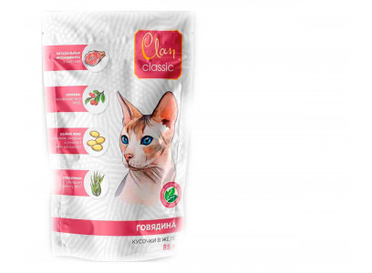 Влажный Корм Clan Classic (Клэн Классик) Для Кошек Говядина, Клюква и Спирулина в Желе 85г (1*14) 