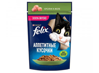 Влажный Корм Felix (Феликс) Аппетитные Кусочки Для Кошек Кролик в Желе 75г (1*26) 