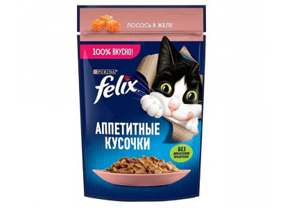 Влажный Корм Felix (Феликс) Аппетитные Кусочки Для Кошек Лосось в Желе 75г (1*26) 