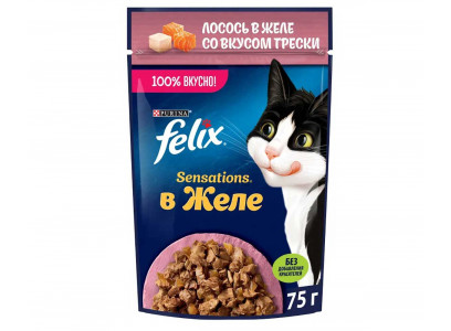 Влажный Корм Felix (Феликс) Для Кошек Лосось и Треска Желе Sensation 75г (1*26) 