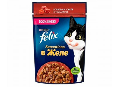 Влажный Корм Felix (Феликс) Для Кошек Sensation в Желе Говядина и Томат 75г (1*26) 