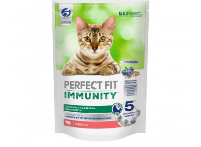 Сухой Корм Perfect Fit (Перфект Фит) Для Кошек Иммунитет Говядина, Лен и Голубика 580г (1*12) 