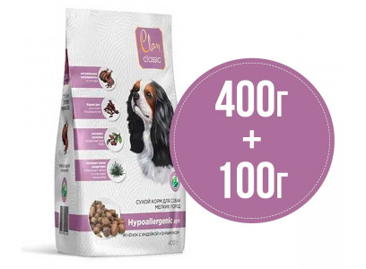 Сухой Корм Clan Classic (Клэн Классик) Для Собак Мелких Пород При Аллергии Ягненок, Индейка и Бурый Рис Hypoallergenic 23/11 400г+100г 