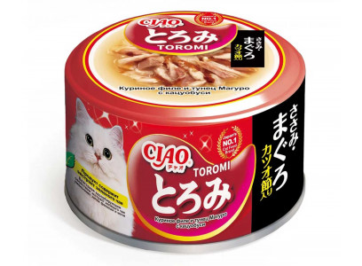 Консервы Inaba (Инаба) Ciao Toromi Для Кошек Филе Курицы и Тунец Магуро с Кацуобуси в Бульоне 80г (1*24) 
