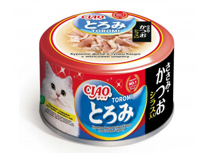 Консервы Inaba (Инаба) Ciao Toromi Для Кошек Филе Курицы, Тунец Кацуо и Мальки Ширасу в Бульоне 80г (1*24) 