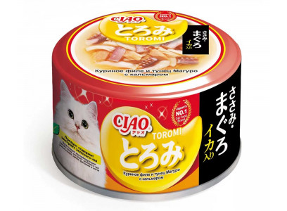 Консервы Inaba (Инаба) Ciao Toromi Для Кошек Филе Курицы, Тунец Магуро и Кальмар в Бульоне 80г (1*24) 