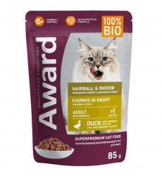 Влажный Корм Award (Эвард) Hairbal & Indor Для Домашних Кошек ДЛЯ Вывода Шерсти Утка Кусочки в Соусе 85г