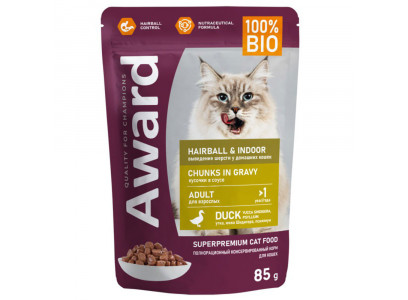 Влажный Корм Award (Эвард) Hairbal & Indor Для Домашних Кошек ДЛЯ Вывода Шерсти Утка Кусочки в Соусе 85г 