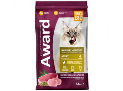Сухой Корм Award (Эвард) Hairbal & Indor Для Домашних Кошек Для Вывода Шерсти Утка и Идейка 1,5кг  