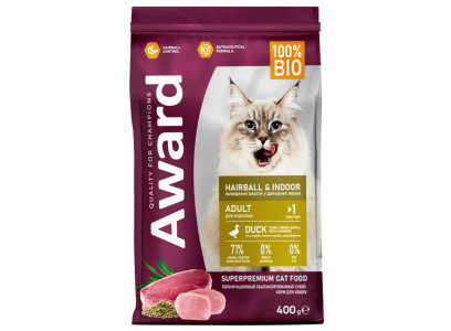 Сухой Корм Award (Эвард) Hairbal & Indor Для Домашних Кошек Для Вывода Шерсти Утка и Идейка 400г 