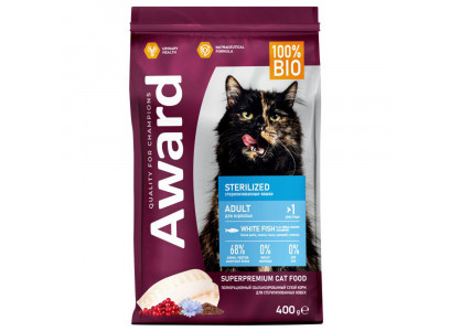 Сухой Корм Award (Эвард) Sterilized Для Стерилизованных Кошек Белая Рыба и Клюква 400г 