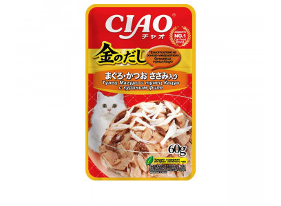 Влажный Корм Inaba (Инаба) Kinnodashi Для Кошек Тунец Магуро, Кацуо и Куриное Филе в Желе 60г (1*12) 