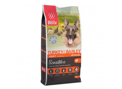 Сухой Корм Blitz (Блиц) Для Взрослых Собак Всех Пород с Чувствительным Пищеварением с Индейкой и Ячменем Sensitive Adult All Breeds Turkey & Barley 15кг 70991 