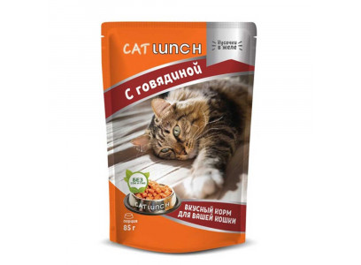 Влажный Корм Cat Lunch (Кэт Ланч) Для Кошек Говядина Кусочки в Желе 85г (1*24)