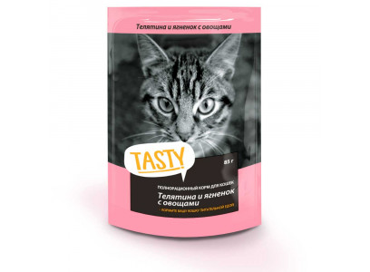 Влажный Корм Tasty (Тести) Для Кошек 85г Телятина, Ягненок и Овощи в Желе  009 