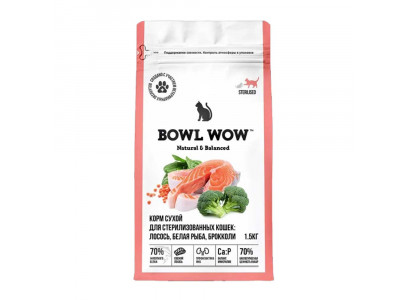 Сухой Корм Bowl Wow (Боул Вау) Для Стерилизованных Кошек Fresh Meat Лосось, Белая Рыба и Брокколи 1,5кг 