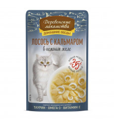 Влажный Корм Для Кошек Деревенские Лакомства Лосось и Кальмар в Желе 70г 79218930