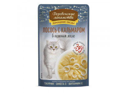 Влажный Корм Для Кошек Деревенские Лакомства Лосось и Кальмар в Желе 70г 79218930 