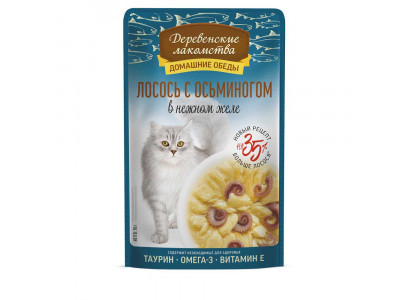 Влажный Корм Для Кошек Деревенские Лакомства  Лосось Осьминог в Желе 70г 79218947 