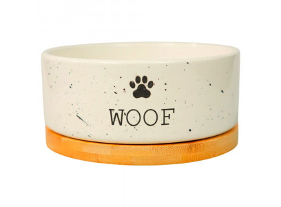 Миска Mr Kranch (Мистер Кранч) Bamboo Woof Керамическая Белая На Бамбуковой Подставке 860мл 