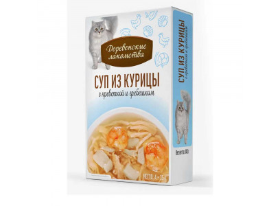 Влажный Корм Деревенские Лакомства Для Кошек Суп Курица, Креветки и Гребешок 35г*4шт 76051134 