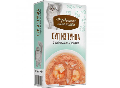 Влажный Корм Деревенские Лакомства Для Кошек Суп Тунец, Креветки и  Краб 35г*4шт 76051097 