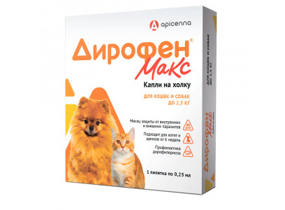 Дирофен Макс 60мг Против Паразитов Для Кошек и Собак До 2,5кг 1 Пипетка По 0 25мл