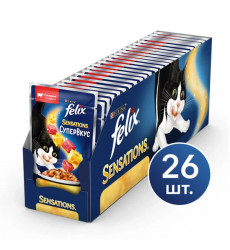 Влажный Корм Для Кошек Felix (Феликс) Sensation Супер Вкус Говядина и Сыр 75г 26 Шт в Блоке (1*1)